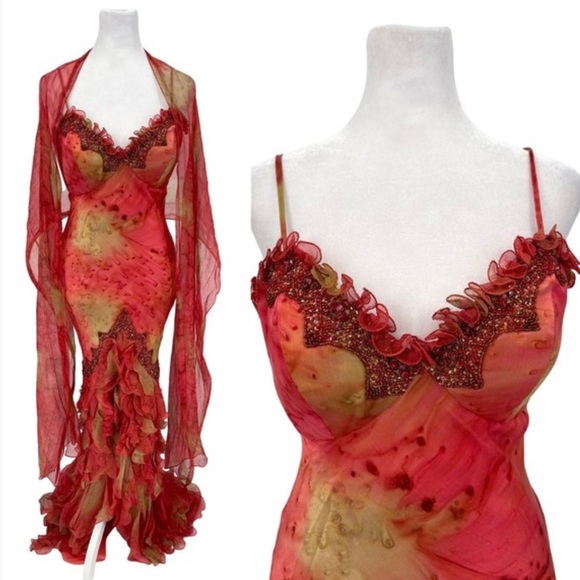 Vintage 90s Y2K 100% Silk Beaded Dress Vintage Silk Dress Prom Fairy Watercolor - Picture 6 of 16